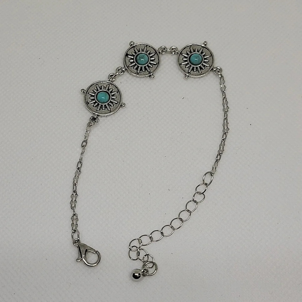 Western Silver Tone Turquoise Faux 6" + 2" Extension Bracelet Ankle or Bracelet
